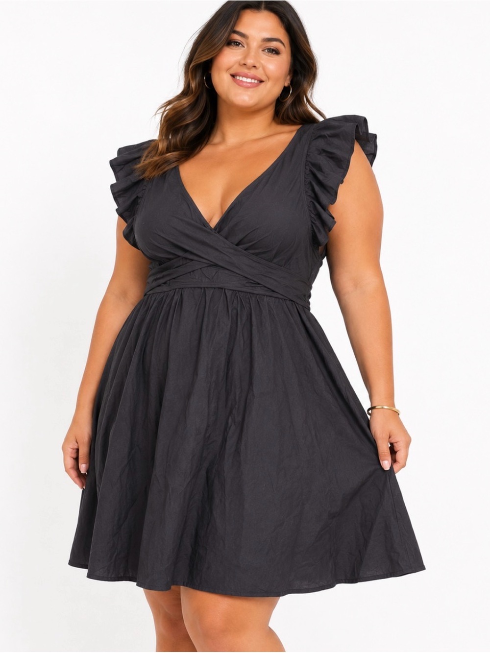 Black Flutter Sleeve Wrap Front One Piece Swim Dress Swimsuit XL
